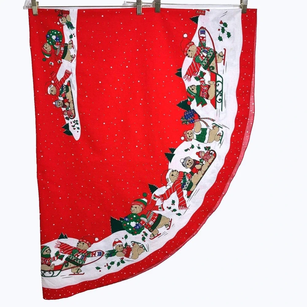 Vtg Christmas Tablecloth Oval 60x84 Bears Sledding Skating Red Holiday Sunweave